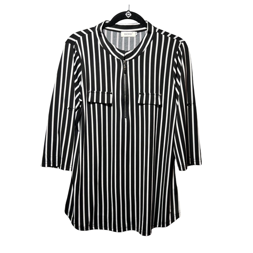 BEPEI Womens Black White Striped Quarter Zip 3/4 Roll Tab Sleeve Blouse XL